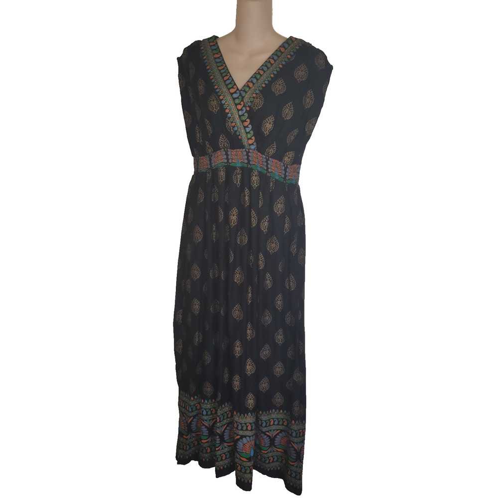 Lapogee Maxi Dress Women's SIZE L Tribal African Pockets Lined Brown Sleeveless
